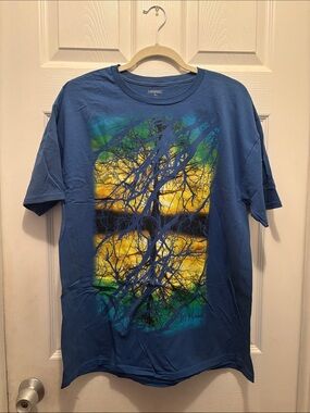 Tony Hawk Blue Crewneck Tee with Yellow & Green Tree Graphic